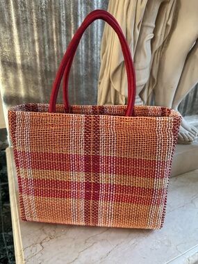 Woven Straw Tote Bag in Red and Tan